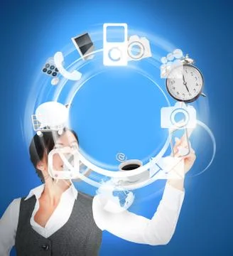 Wheel of various computer applications interface used by businesswoman Foto stock