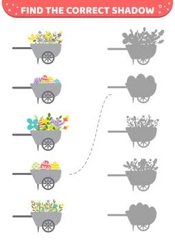 Wheelbarrow, flowers, Easter eggs. Find the correct shadow. Shadow matching game Stock Illustration