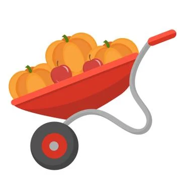 Wheelbarrow with pumpkins, icon flat style. Isolated on white background. Vec Stock Illustration