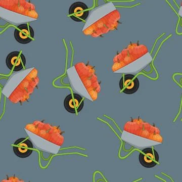 Wheelbarrow with pumpkins seamless pattern on grey background. Stock Illustration