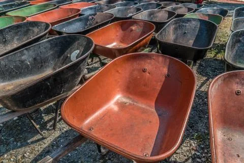 Wheelbarrows parked together Foto stock