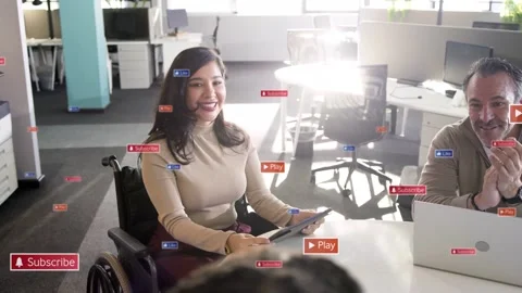 Wheelchair presenter tapping tablet and tilting screen showing business chart Stock Footage 334703137