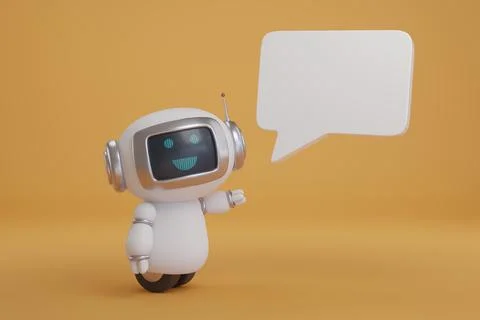 Wheeled cute robot with speech bubble on orange background. 3d illustration. Фото