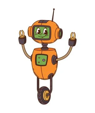 Wheeled orange android robot groovy cure character Stock Illustration