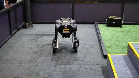 A wheeled quadruped robot on a test track. Vídeo Stock 344275441