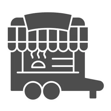 Wheeled stall solid icon. Wheel market, food trolley or street kiosk symbol Illustrazione stock