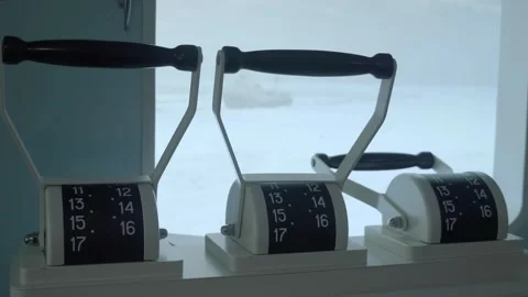 The wheelhouse of a nuclear icebreaker in the Arctic, with command levers  Stock Footage 287946293