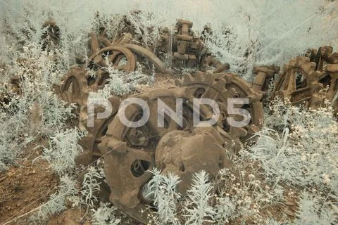Wheels and cogs in field of weeds in infrared Stock Photos