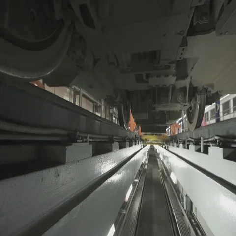 Wheels on chassis of train wagons at workshop in factory Stock Footage 69481666