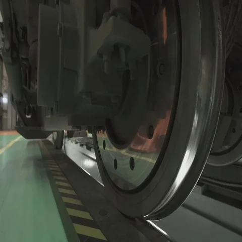 Wheels on chassis of train wagons at workshop in factory Stock Footage 69481674