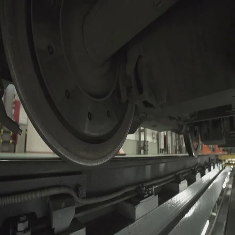 Wheels on chassis of train wagons at workshop in factory Stock Footage 69481895