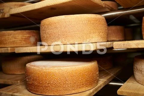 Wheels Of Cheese Aging In Shop