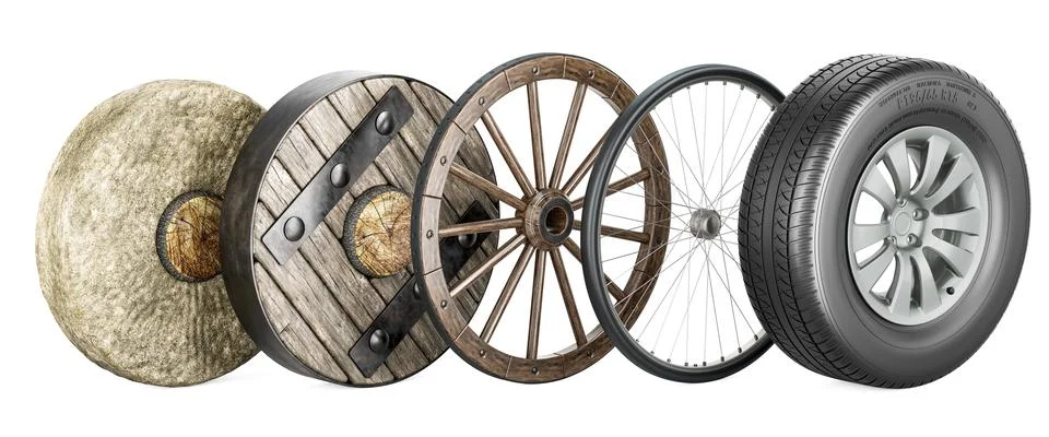 Wheels evolution from primitive stone ring, ancient wooden to modern car ti.. Stock-Illustration