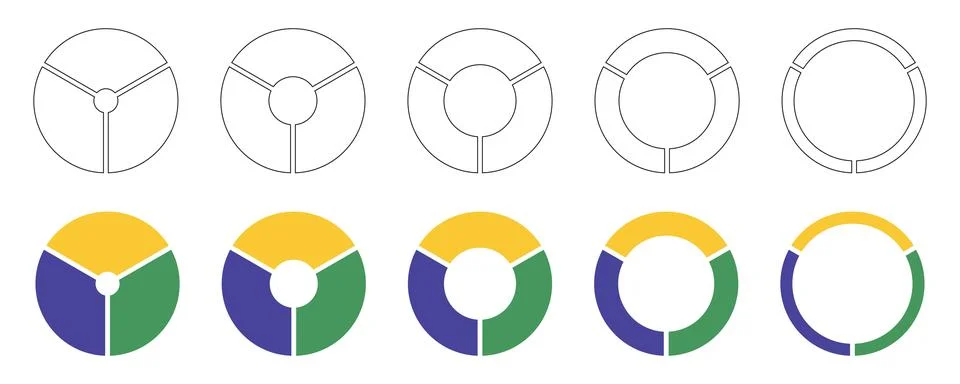 Wheels round divided, three sections. Diagrams infographic set. Illustrazione stock