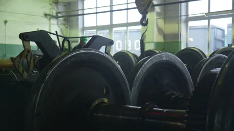 Wheels of train in the factory Stock Footage 33402784