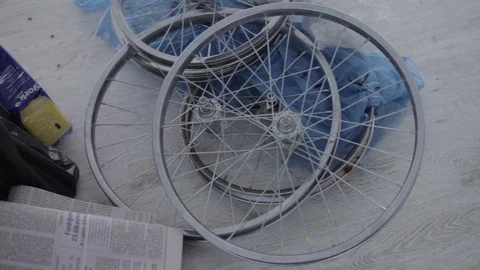 The wheels without rubber, abstract composition Stock Footage 86458592