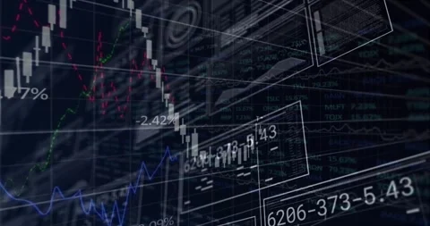 When 3D grid forming candlestick chart rising and declining as panels sliding Stock Footage 327846792