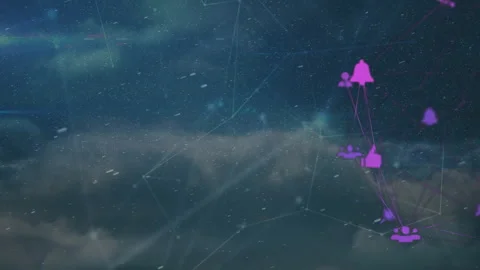 When alert triggers, purple bell icon rising along user, like, group icons Stock Footage 313639868