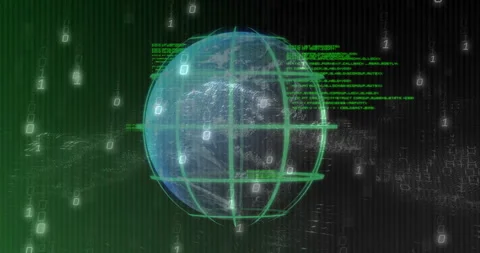 When animation starts digital globe rotating with binary rain and scrolling code Stockbeeldmateriaal 310970744