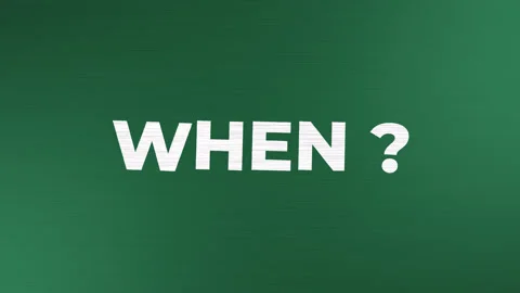 When? Animation text with textured on green chalkboard. When with question. Stock Footage 313423479
