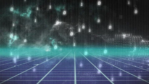 When binary digits appearing at top, purple neon grid pulsing, forming mountain Stock Footage 312240797