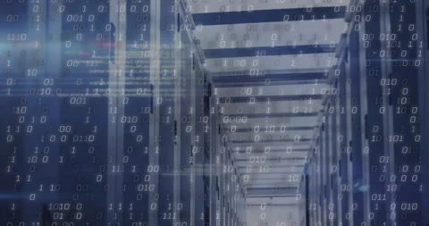 When binary digits appearing triggers camera advancing down server aisle Stock Footage 310385623