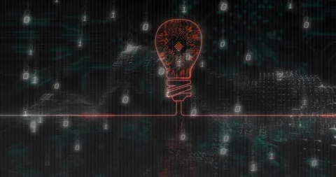 When binary streams descending around red bulb outline igniting microchip pulses Stock Footage 314849414