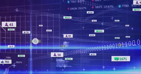 When blue beam appearing binary code drifting and icons drifting as graphs Video stock 311916308
