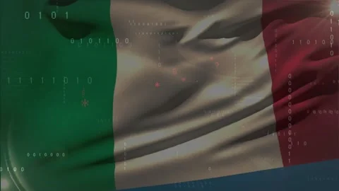 When breeze hitting Italian flag, waving while binary and C++ code cascading for Stock Footage 329989713