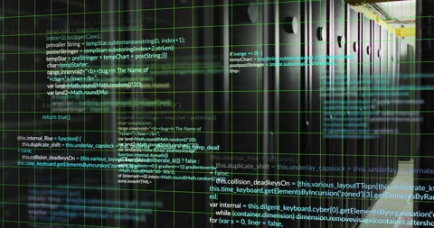 When camera performing lateral pan along server racks, code blocks scrolling Stock Footage 310282798