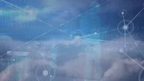 When central node pulsing triggers lines extending toward nodes revealing binary Stock Footage 312408288