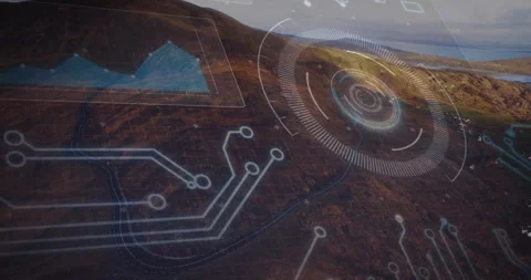 When circuit lines animating from left, radar interface pulsing with graph Stock Footage 311604213