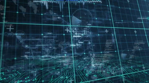 When circuit plane appearing, 3D grids rising, data clusters forming, gauge Stock Footage 311085520