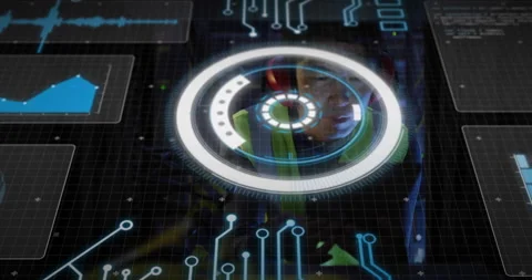 When circular HUD pulsing, technician leaning and tapping node while analyzing Video stock 313771842