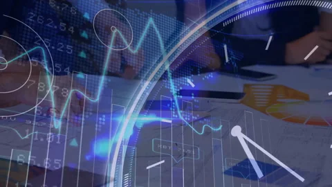 When clock rotating and graph emerging, team tapping tablet annotating data for Stock Footage 312407199