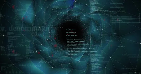 When code appears, blue network pulsing, rotating around void, visualizing data Stock Footage 315576207