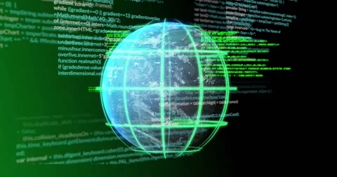 When code appears Earth globe rotating with cyan grid pulsing while code Stock Footage 329611199