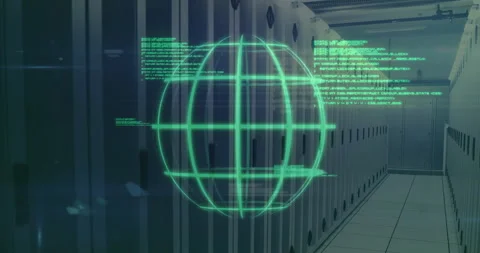 When code bits start appearing, holographic globe rotating and pulsing showing Stock Footage 312898348