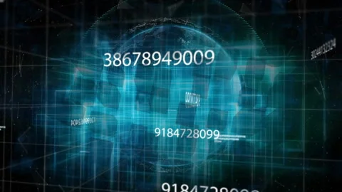 When cubes drift into view, holographic globe rotating with streaming code Stock Footage 310972108
