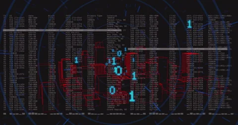 When cyan binary digits forming along tunnel rim, flowing inward to visualize Stock Footage 310406457