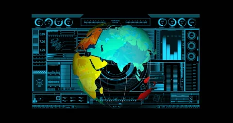 When dashboard triggers data scan, 3D globe rotating toward Oceania while gauges Video stock 310216550