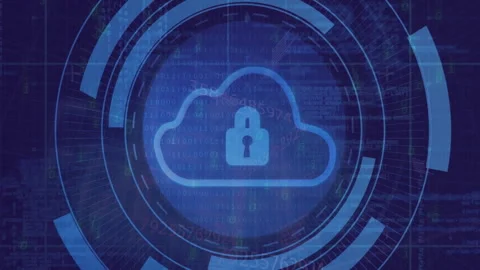 When data field filling screen, rings rotating and revealing locked cloud icon Stock Footage 312829437