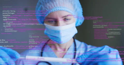 When digital code starting scrolling female medic inspecting swab and rotating Stock Footage 314688082