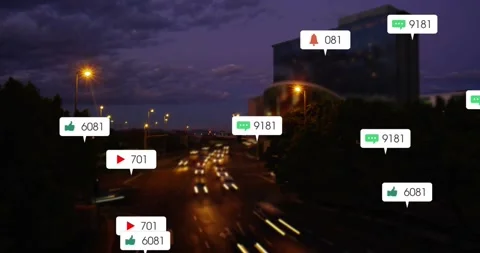 When dusk view settling, notification icons floating over street and visualizing Stock Footage 317155255