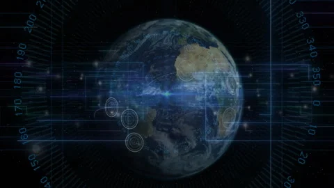 When equator glow appearing triggers HUD frames in, Earth rotating pulsing lines Stock Footage 312281226