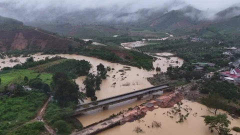 When flash floods completely wash away the road to the bridge… 🌊🌉 스톡 동영상 342781624