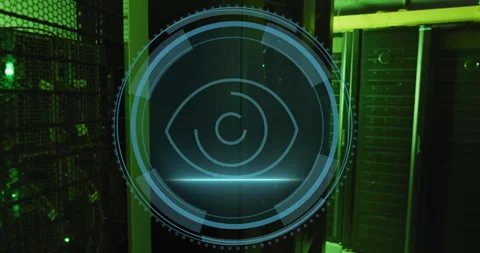 When glowing 'Cyber Security' appearing, HUD forming, eye emerging, scanning Stock Footage 312829307