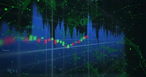 When grid reveals node network, candlestick bars rising and falling visualizing Stock Footage 310863973