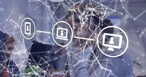 When headset user speaking, animated network nodes and device icons drifting, Stock Footage 334115399