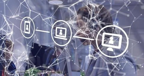 When headset user speaking, animated network nodes and device icons drifting, Stock Photos